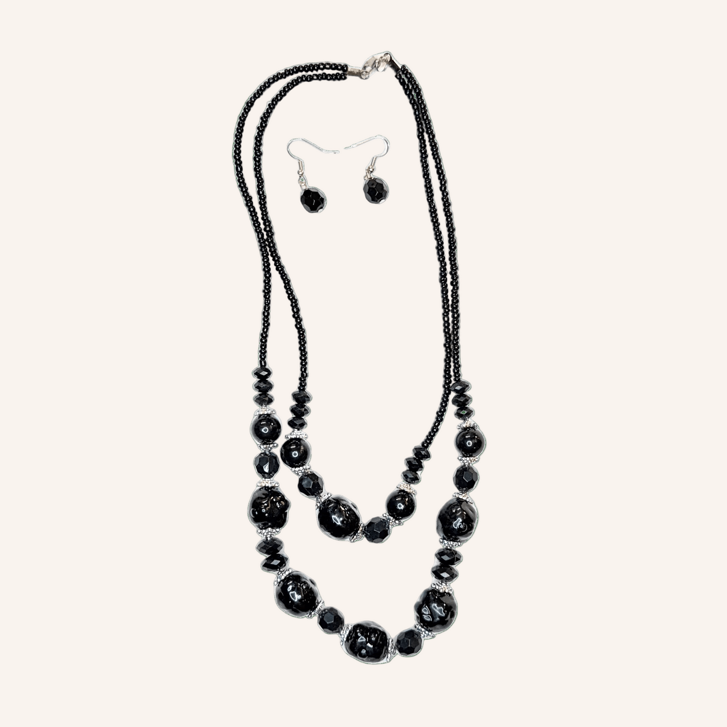 Double Strand Black Bead 17" Necklace Set