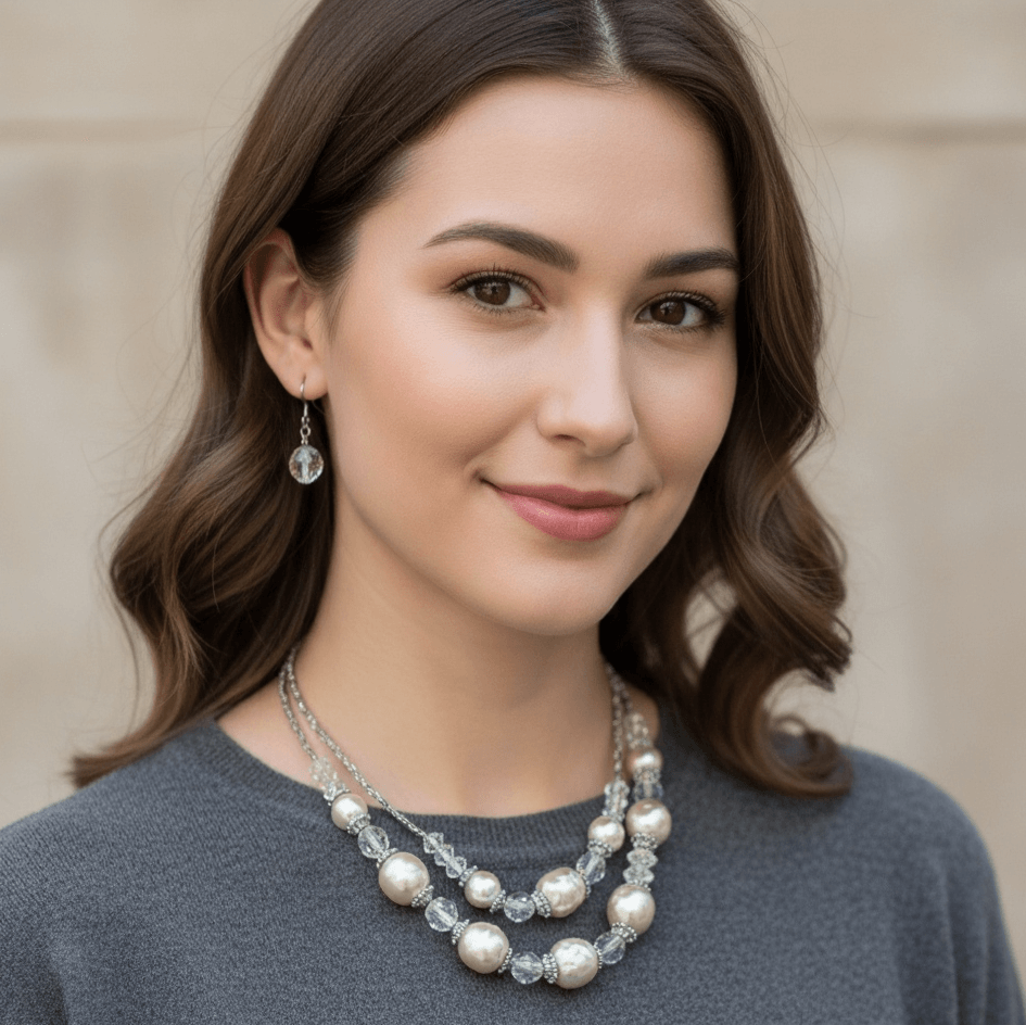 Double Strand Ivory Bead 17" Necklace Set