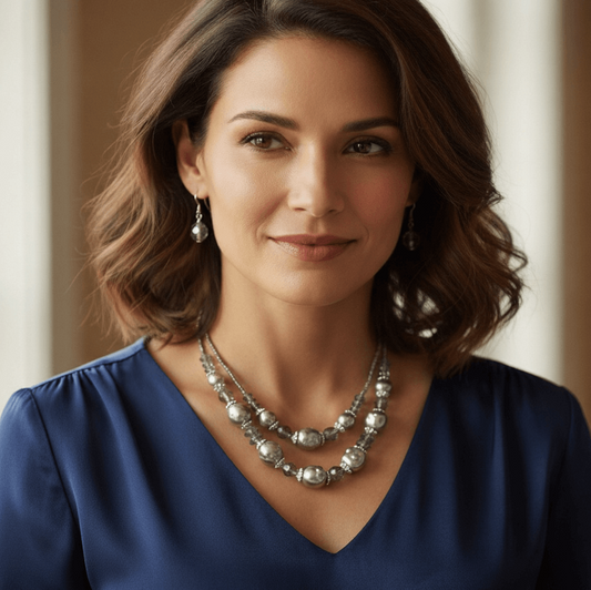 Double Strand Silver  Bead 17" Necklace Set