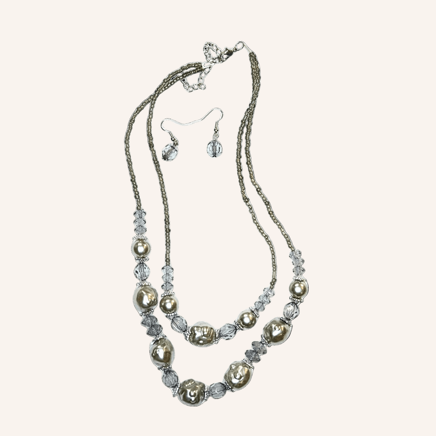 Double Strand Silver  Bead 17" Necklace Set