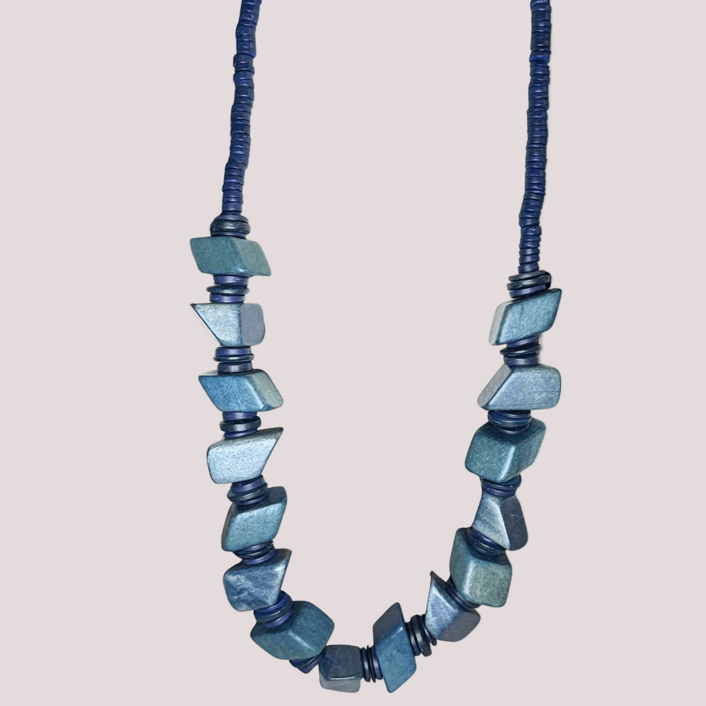 Chunky Cube Wood Beads Necklace Teal 34"