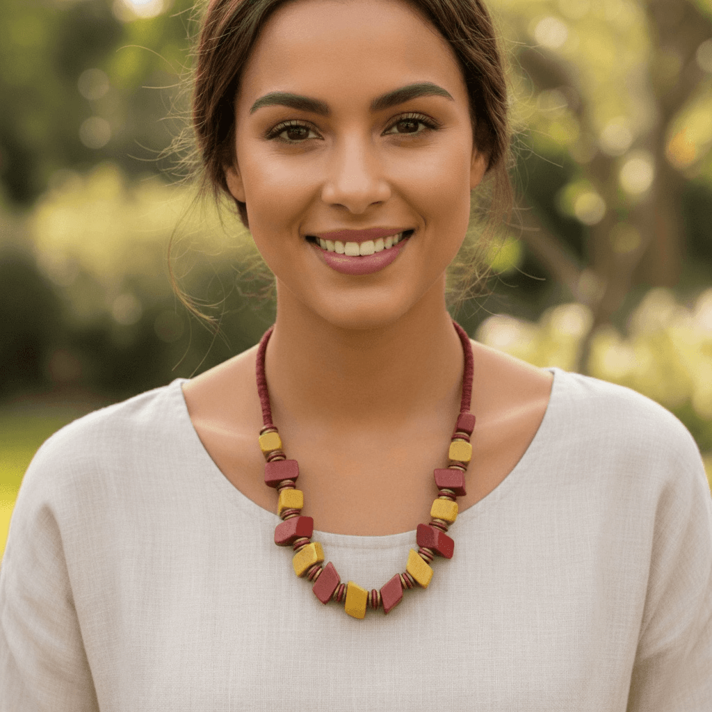 Chunky Cube Wood Beads Necklace Red Yellow 32"