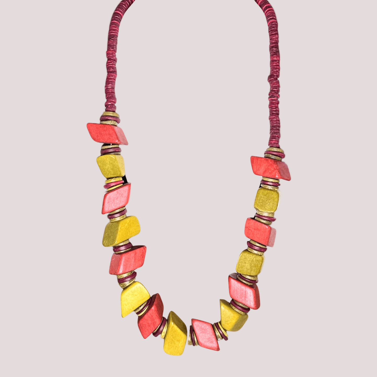Chunky Cube Wood Beads Necklace Red Yellow 32"