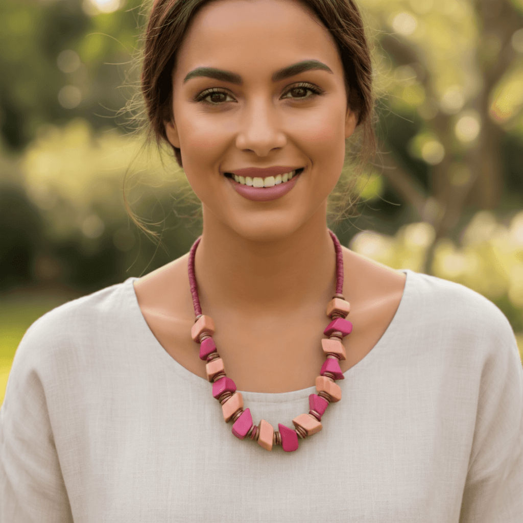 Chunky Cube Wood Beads Necklace Pink 32"