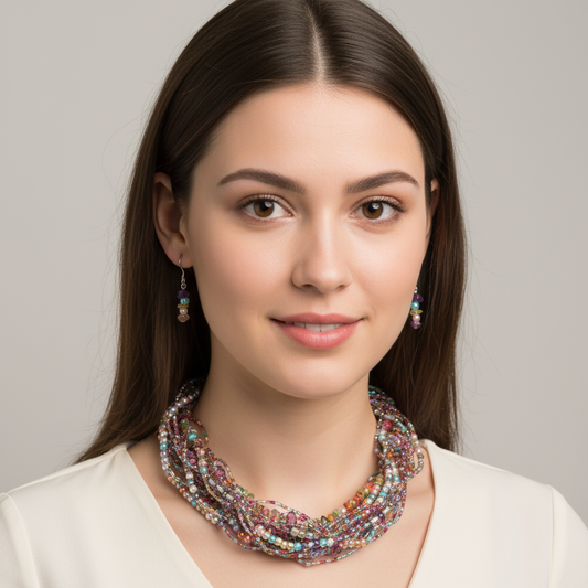 Multi Strand Beads, Stones, Pearls 18" Necklace Set
