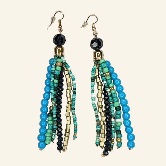 Blue Black Tassel Beaded 4" Earrings
