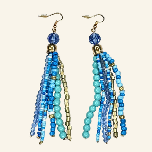 Blue Tassel Beaded 4" Earrings