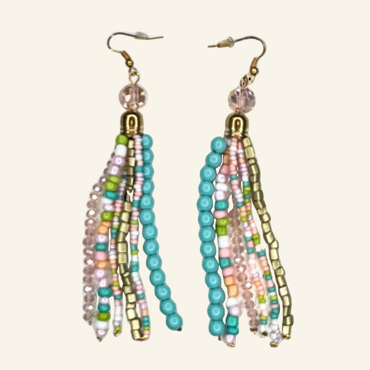 Blue Pink Tassel Beaded 4" Earrings