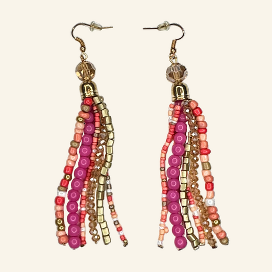 Pink Tassel Beaded 4" Earrings