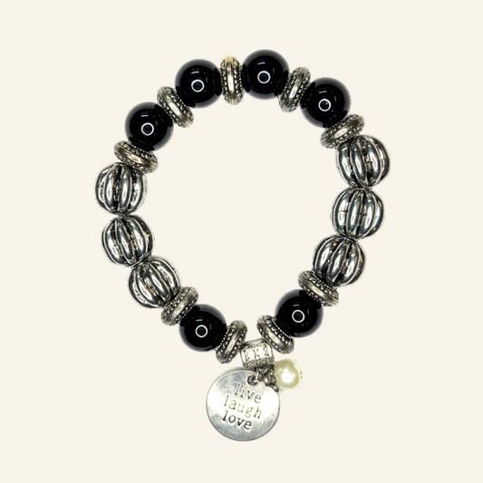 Black Silver tone Accent Stretch Beads Bracelet