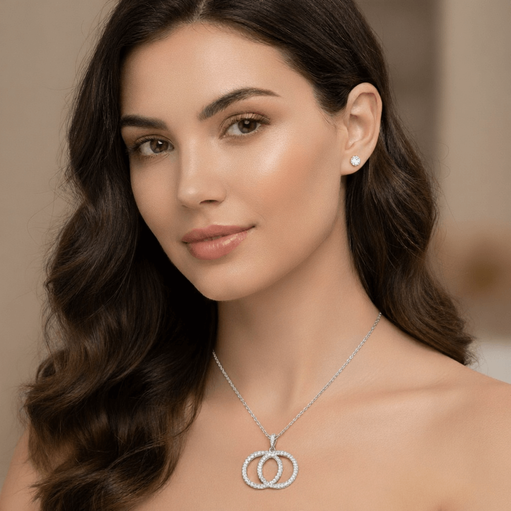 Double Circle Rhinestone Silver Tone Pendant