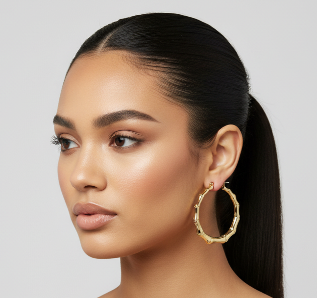 Bamboo Simulated  Gold Hoop 3" Earrings