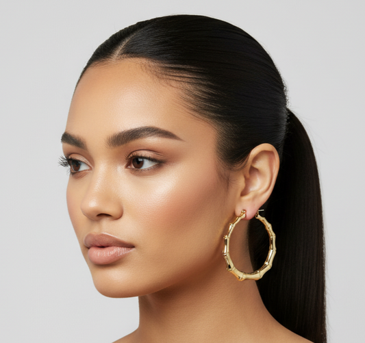 Bamboo Simulated  Gold Hoop 3" Earrings