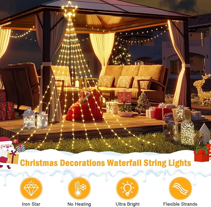 ✅ Christmas Lights 12” Star 9 Curtain 11.5 ft String Lights