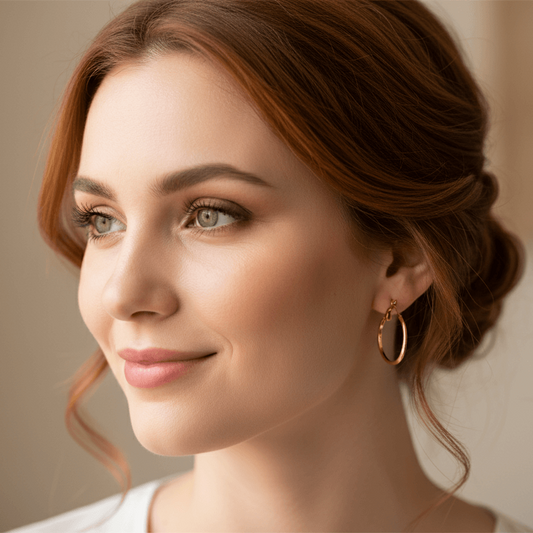 Gold Tone Beveled Hoop 1" Earrings Stainless Steel