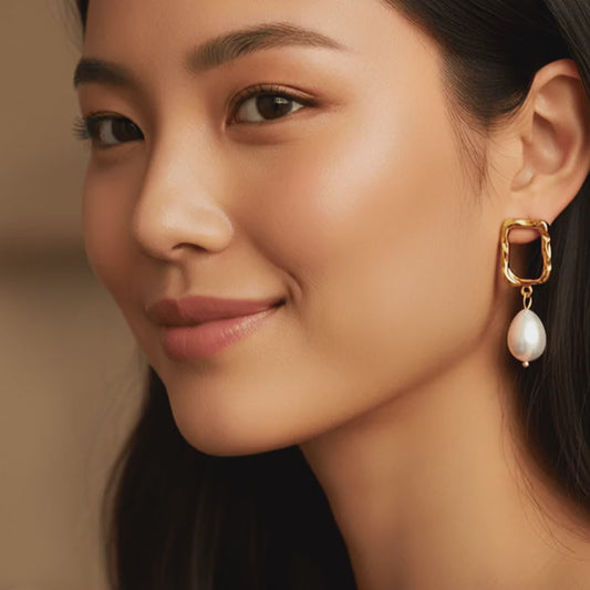 18K Coated Real Gold Plated Square Freshwater Pearl Earrings