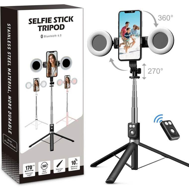 6 In 1 Selfie Stick With 2 Lights, 67" Phone Tripod (Color Black)